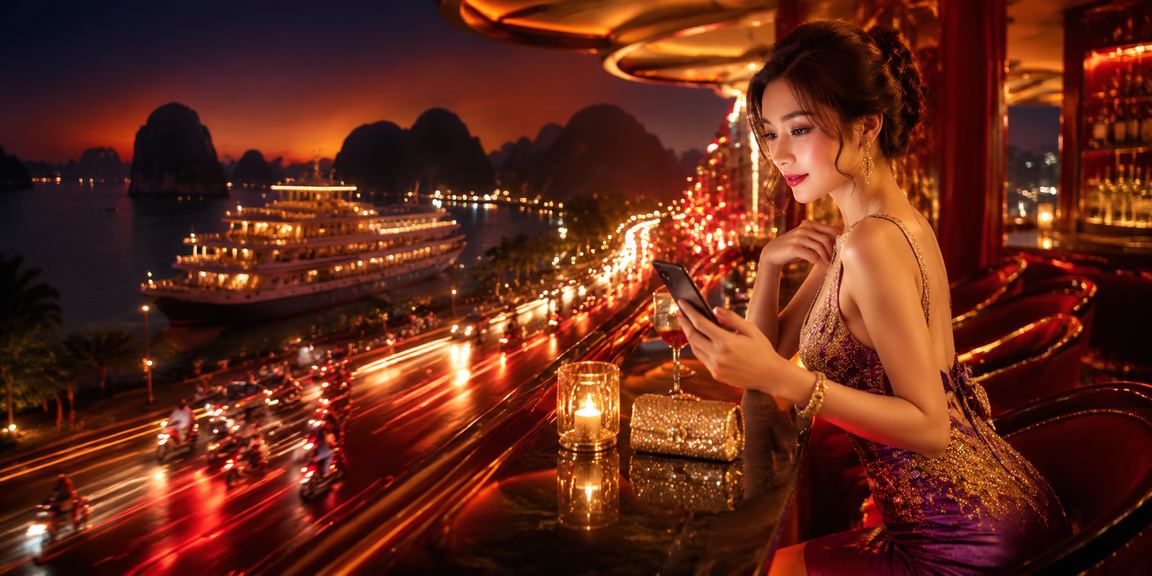 Khung cảnh vịnh Hạ Long lung linh về đêm với ánh đèn neon và không khí VIP của nền tảng cá cược trực tuyến