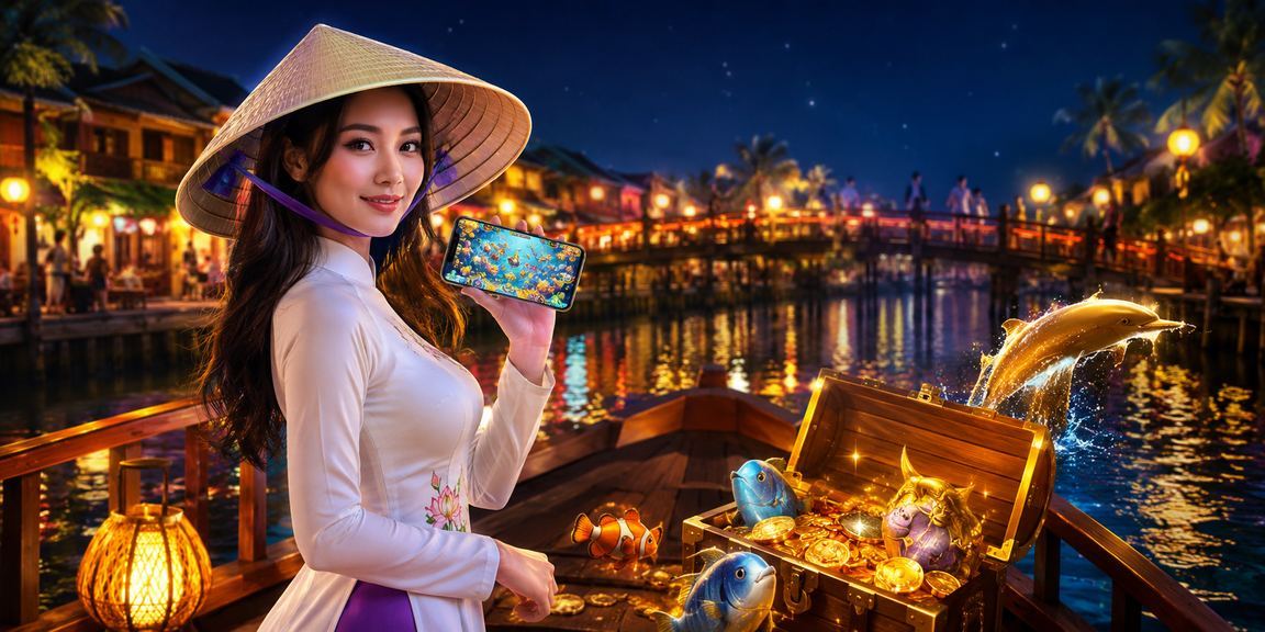 Người chơi đội nón lá thư giãn bên sông Mekong với trò chơi bắn cá trực tuyến trên điện thoại