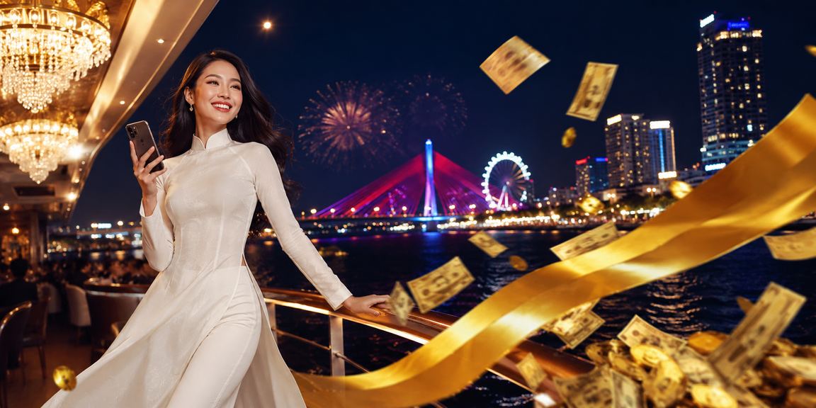 Không gian casino sôi động tại Việt Nam với các bàn chơi và ánh đèn rực rỡ về đêm